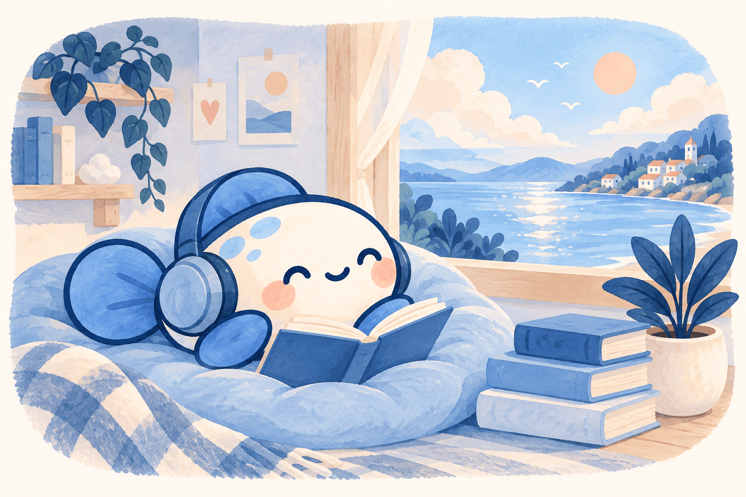 The Lofi Fish listening to music in a quiet room by the sea