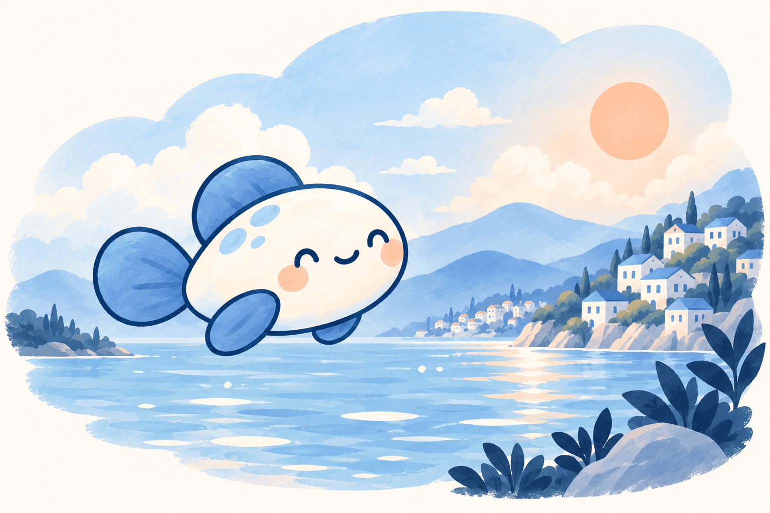 The Lofi Fish floating above a quiet blue bay, with soft mountains and a seaside village